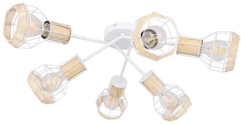 Plafondlamp spot 6 vlammen kooi kappen plafondlamp raffia, metaal, naturel, 6x E27 fitting, DxH 70x24 cm de Globo en Blanc – photo produit