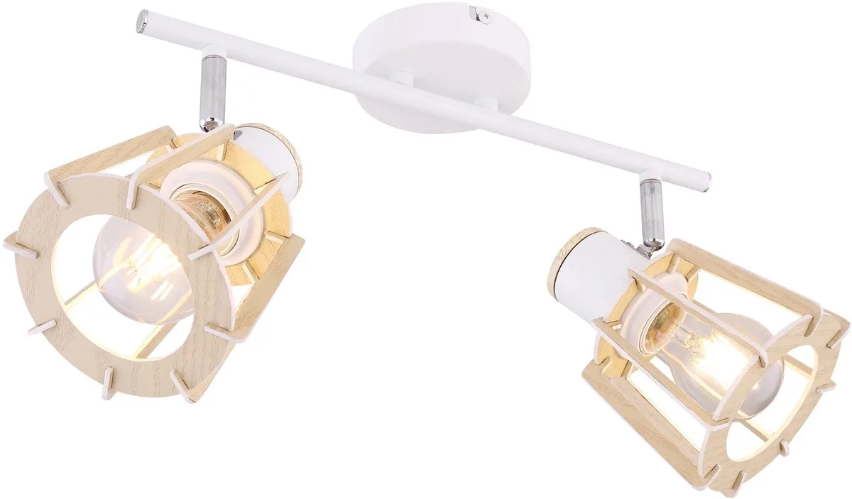 Plafondlamp wit plafondspot hout spots voor plafond, 2 vlammen beweegbare spots, landhuis stijl hout look metaal wit naturel, 2x E27 stopcontacten, LxBxH 36x17x18cm von Globo in Braun – Produktfoto