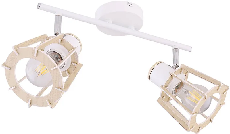 Plafondlamp wit plafondspot hout spots voor plafond, 2 vlammen beweegbare spots, landhuis stijl hout look metaal wit naturel, 2x E27 stopcontacten, LxBxH 36x17x18cm van Globo in Bruin – productfoto