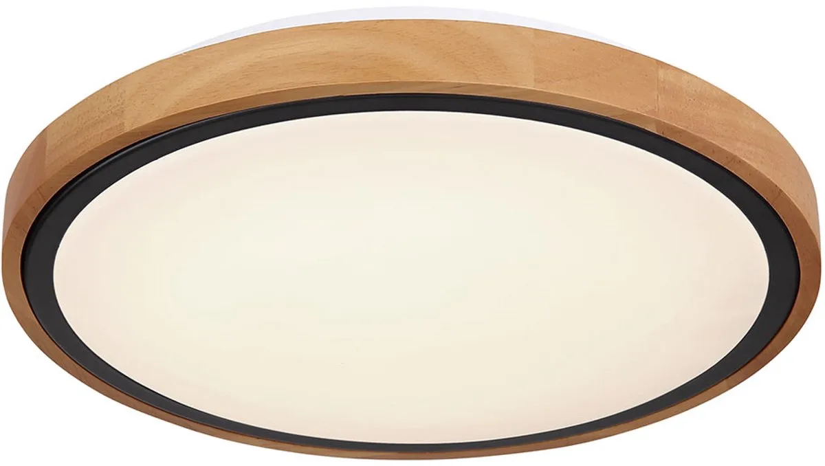 Plafondlamp woonkamer lamp hout licht, landhuis, CCT, metaal hout, zwart opaal, rond, 1x LED 12W 530lm warm wit-daglicht wit, DxH 30,7x9 cm de Globo en Marron – photo produit