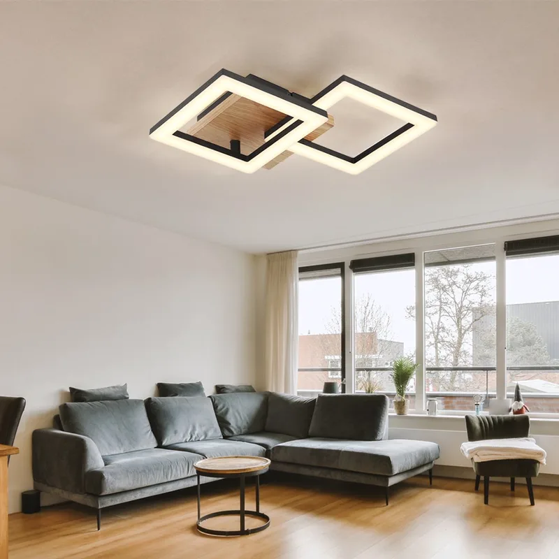 Plafondlamp woonkamer lamp metaal zwart moderne houten lamp bewegende elementen, hout, 2x LED 18 W 1200lm 3000K warm wit, LxBxH 46x22,5x7 cm de Globo en Marron – photo produit