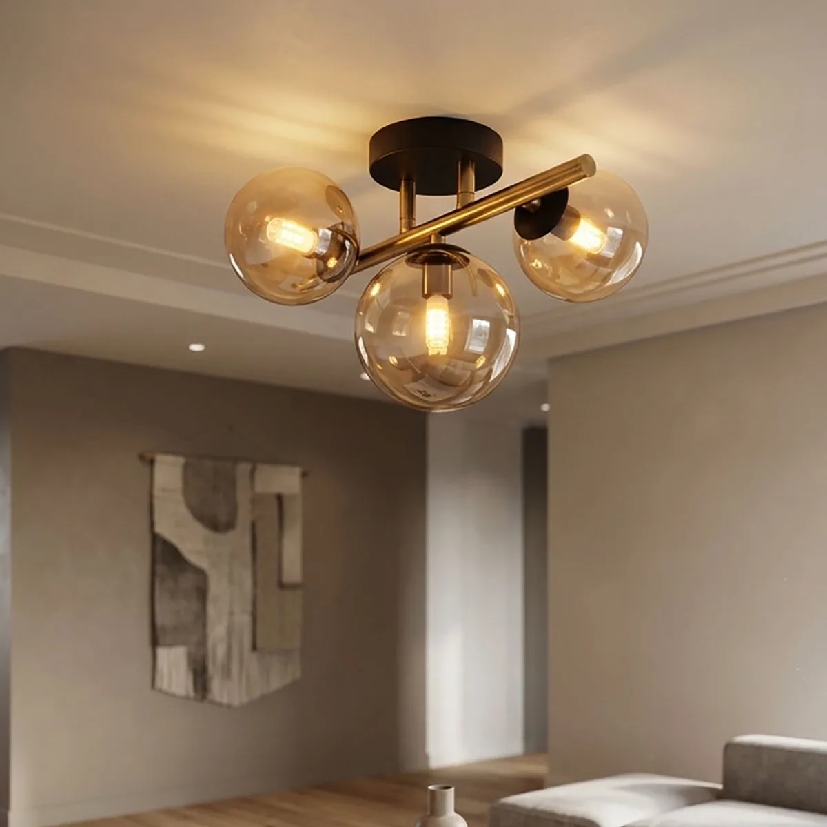 Plafondlamp woonkamer plafondlamp design zwart messing bollamp glas LED wandlamp binnen, glazen bol amber, 3 vlammen G9, 3x 3,5W 3x350 lm, 3000K, LxBxH 28x21x19 cm by Globo in Gold – product photo