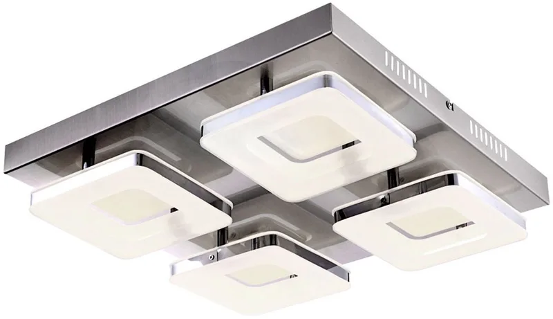 Plafondlamp Woonkamerlamp Eetkamerlamp Ganglamp, 4 vlammen, stalen chroomring mat nikkel, 4x LED 18W 540Lm warm wit, LxBxH 39x39x7,5cm von Globo in Silber – Produktfoto