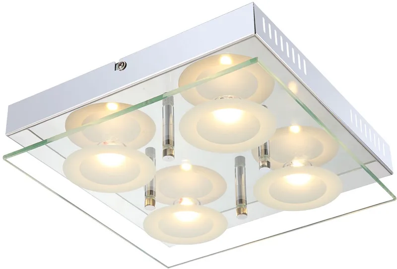 Plafondlamp Woonkamerlamp Eetkamerlamp Glazen lamp, 4 vlammen Glasplaat chroom, LED 5W 1440Lm warm wit, LxBxH 25x25x6.5cm de Globo en Argent – photo produit