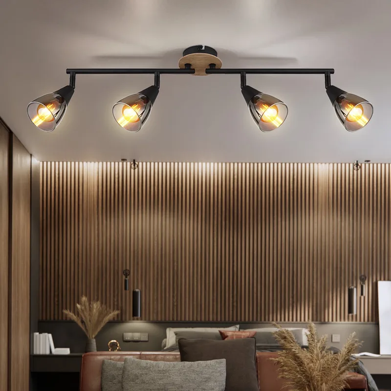 Plafondlamp Woonkamerlamp Eetkamerlamp Slaapkamerlamp, metaal hout bruin glas rookkleurig, 4 vlammen Spots beweegbaar E14, L 60 cm fra Globo i Sort – produktbillede