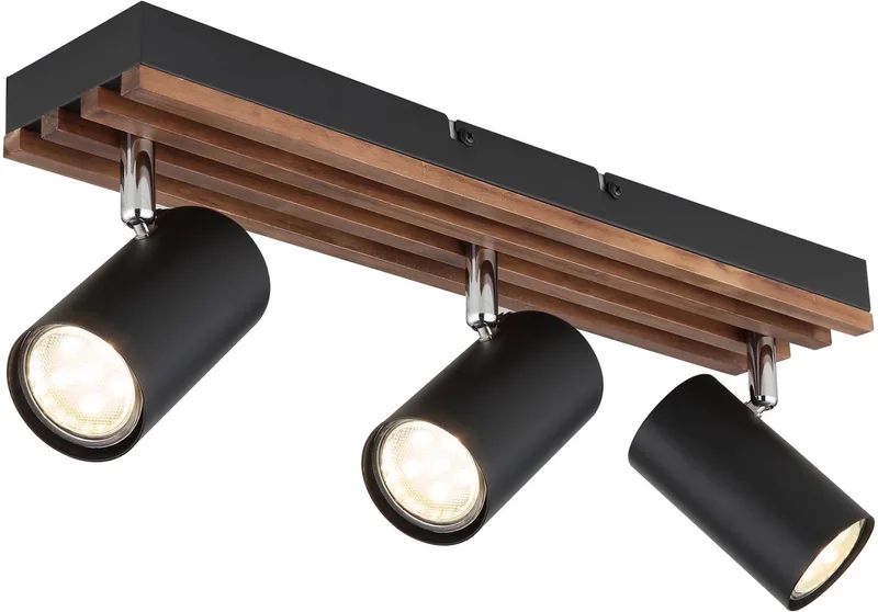 Plafondlamp Woonkamerlamp Eetkamerlamp Slaapkamerlamp, metaal bruin, 3 vlammen GU10, L 41 cm de Globo en Hout Zwart – photo produit