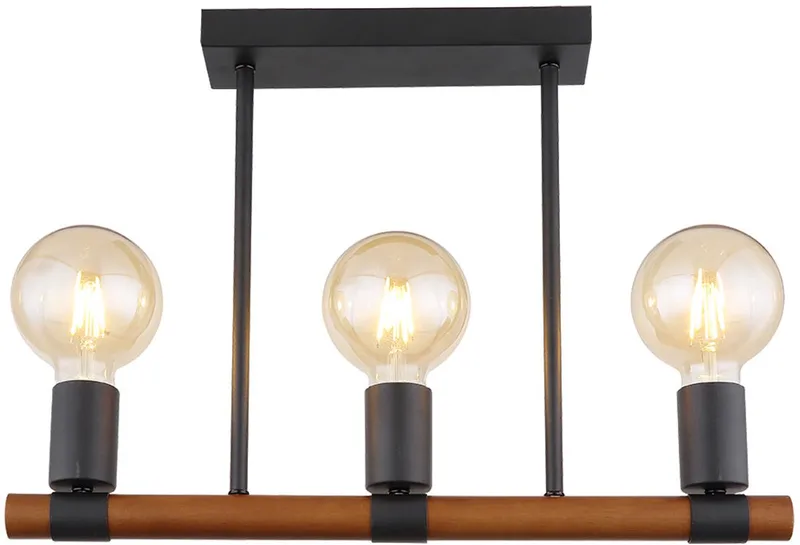 Plafondlamp Woonkamerlamp Eettafellamp Houten lamp Houten lamp, 3 vlammen retro, metaal zwart houten balk E27, LxBxD 49x6x35cm von Globo in Braun – Produktfoto