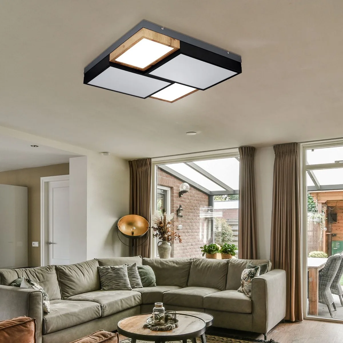 Plafondlamp woonkamerlamp hout LED plafondlamp slaapkamer, metaal, MDF, kunststof, 50W 3000lm warm wit, LxBxH 60x60x9 de Globo en Noir – photo produit