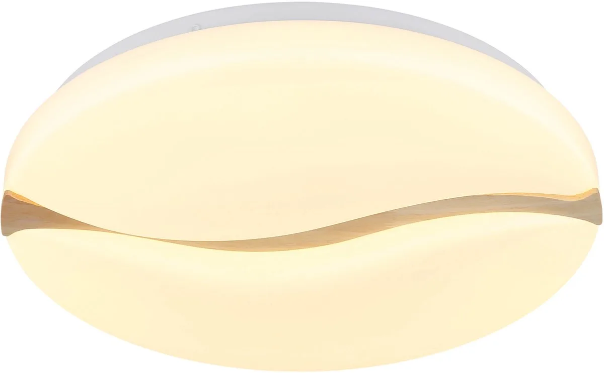 Plafondlamp Woonkamerlamp Houten lamp rond CCT daglicht, metaal hout kunststof, bruin opaal wit, 1x LED 24W 1850lm warm wit-koud wit, DxH 39x8 cm von Globo in Weiß – Produktfoto