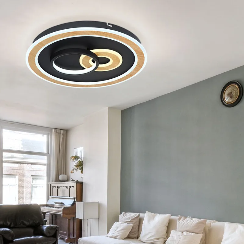 Plafondlamp woonkamerlamp modern plafondlamp dimbaar, LED Smartlight afstandsbediening CCT hout look, LED 50W 2200lm 2700-6500K, DxH 50x7 cm van Globo in Zwart – productfoto