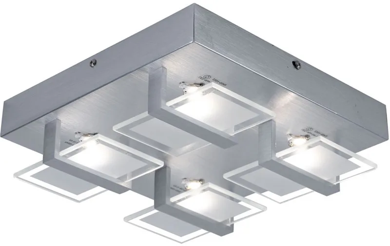 Plafondlamp Woonkamerlamp Slaapkamerlamp, 4 vlammen, helder gesatineerd glas, 4x LED 5W 332 Lm 3200K, LxBxH 26x26x7.8cm van Globo in Zilver – productfoto