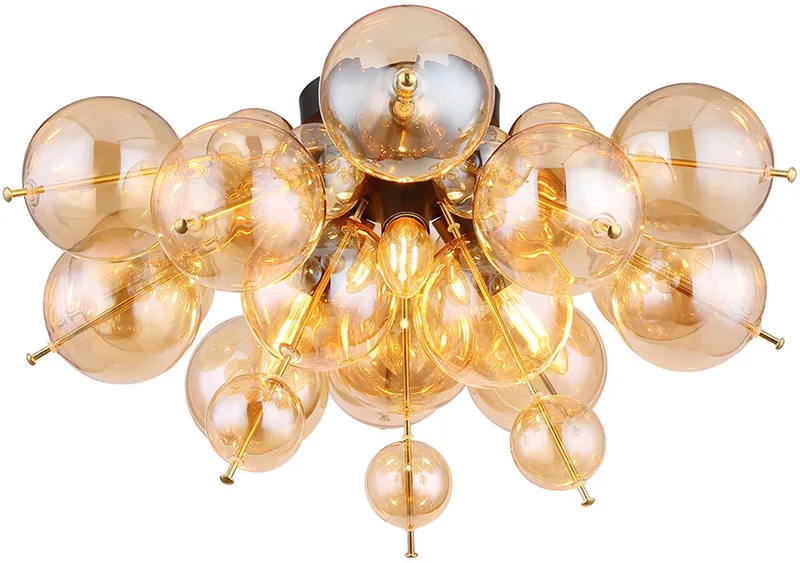 Plafondlamp woonkamerlamp slaapkamerlamp eetkamerlamp hallamp, metalen glazen bollen amber 3 vlammen E14, D 55 cm de Globo en Or – photo produit