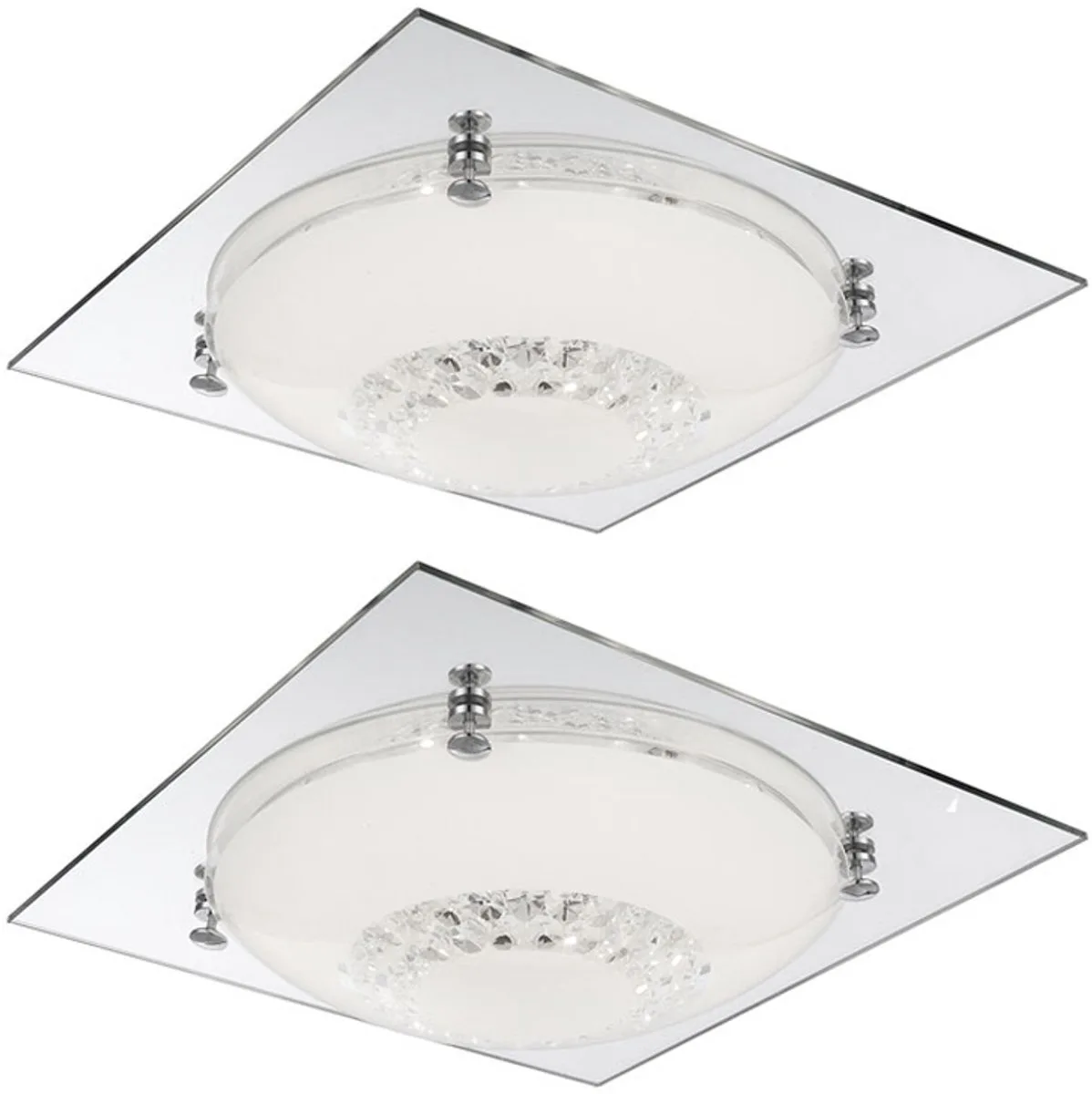 Plafondlamp Woonkamerlamp Slaapkamerlamp Ganglamp, glazen kristallen helder chroom spiegelglas, LED 12W 960Lm neutraal wit, LxBxH 31,5x31,5x8,5cm, set van 2 van Globo in Zilver – productfoto