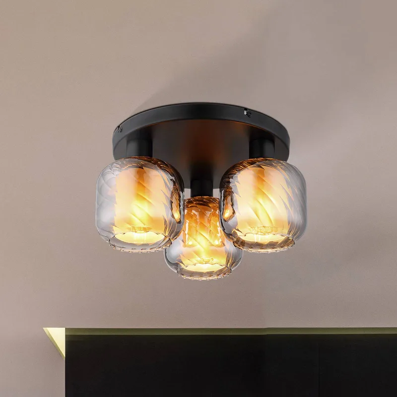 Plafondlamp Xia, Ø 37 cm, rookgrijs, 3-lamps, glas de Globo en Rookgrijs, Noir, Opaal – photo produit