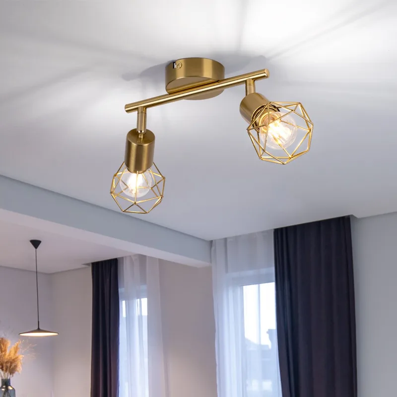 Plafondlamp zwenkbaar retro spotje 2 spots woonkamerlamp raster metaal, 2x E14 stopcontacten, LxBxH 22x8x19 cm de Globo en Or – photo produit