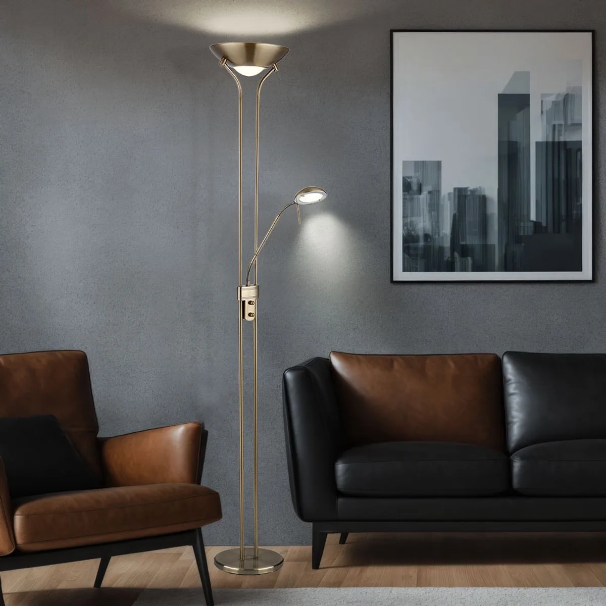 Plafondschijnwerper vloerlamp LED dimbaar met leeslamp LED vloerlampen met dimmer, leesspot flexibel antiek 2x LED 16 W 1440 lm, warm wit, H 180 cm fra Globo i Messing – produktbillede
