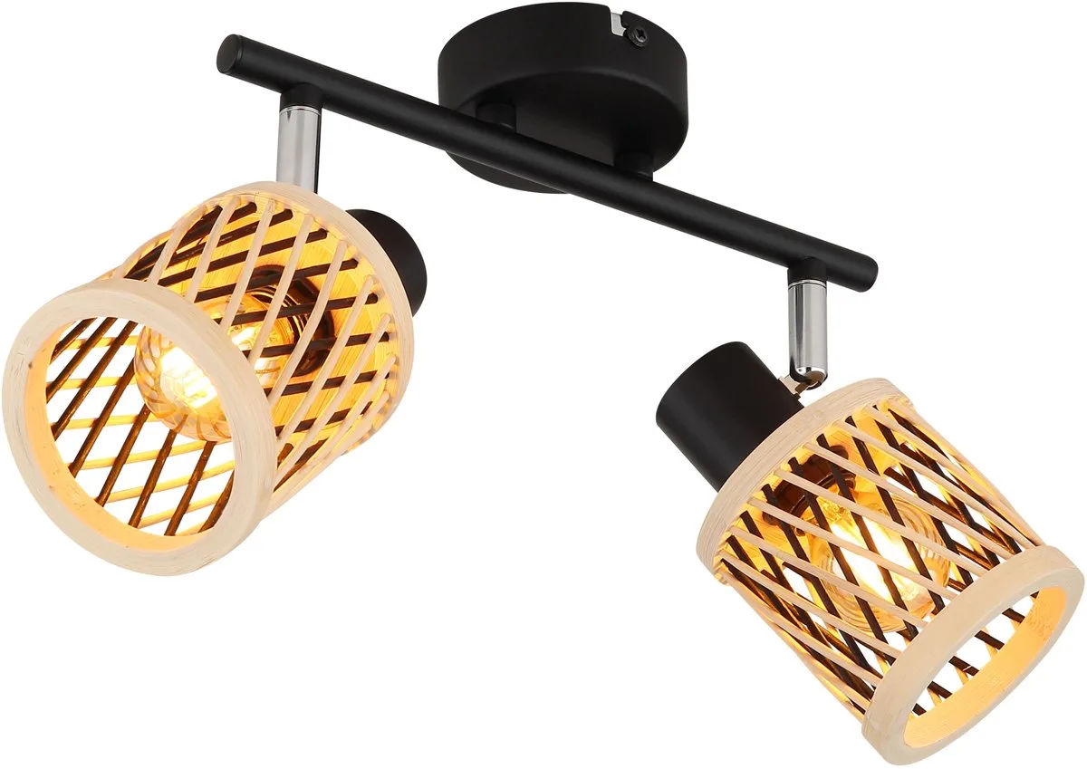 Plafondspot bamboe plafondlamp 2 vlammen woonkamerlamp zwenkbaar, metaal, 2x E14, LxH 25 x 19 cm fra Globo i Sort – produktbillede