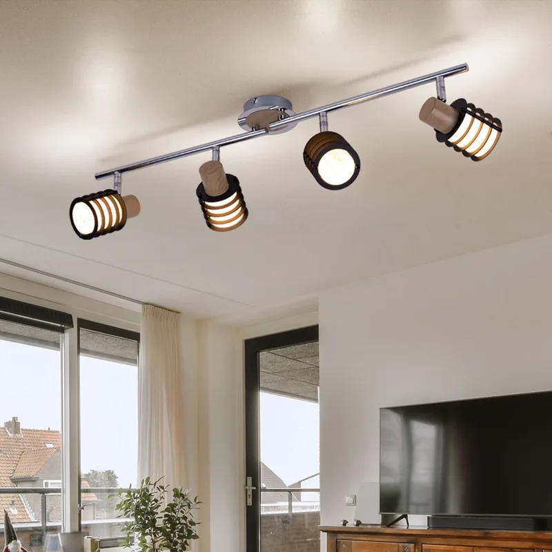 Plafondspot zwenkbaar plafondlamp chroom retro glas, 4 vlammen houtaccenten, 4x E14, L 70 cm de Globo en Argent – photo produit