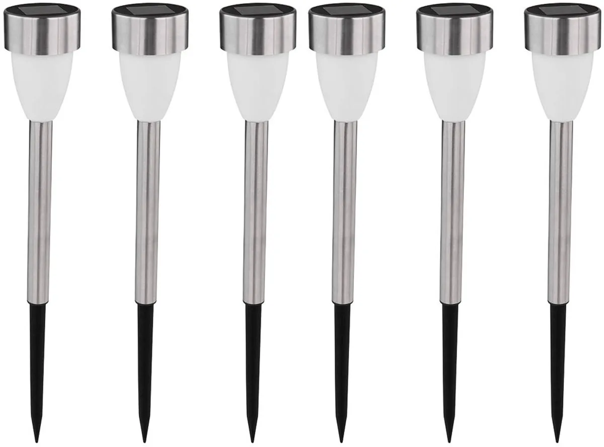 Plug-in lampen solarlamp tuinlamp terraslamp, oplaadbare batterij IP44 aarde spike vuur effect, roestvrij staal zwart wit gesatineerd, LED warm wit, DxH 5,5x36,5cm, set van 6 de Globo en Blanc – photo produit