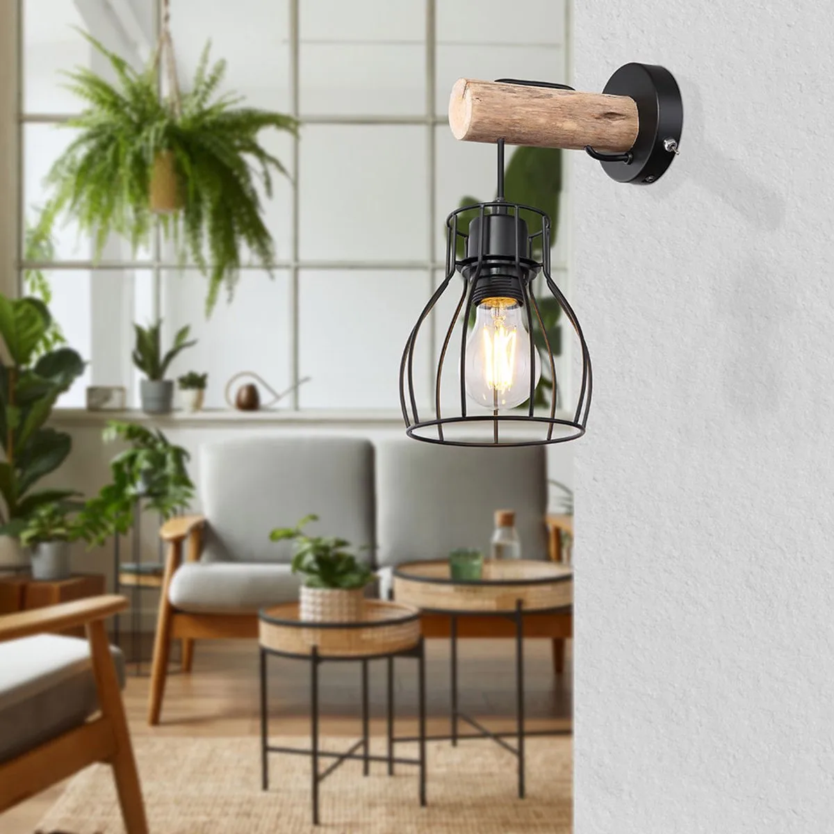Retro LED wandlamp dimbaar hout vintage wandlamp hanglamp hal, raster ontwerp, 4W 280lm warm wit, BxH 13,6x30 cm van Globo in Zwart – productfoto