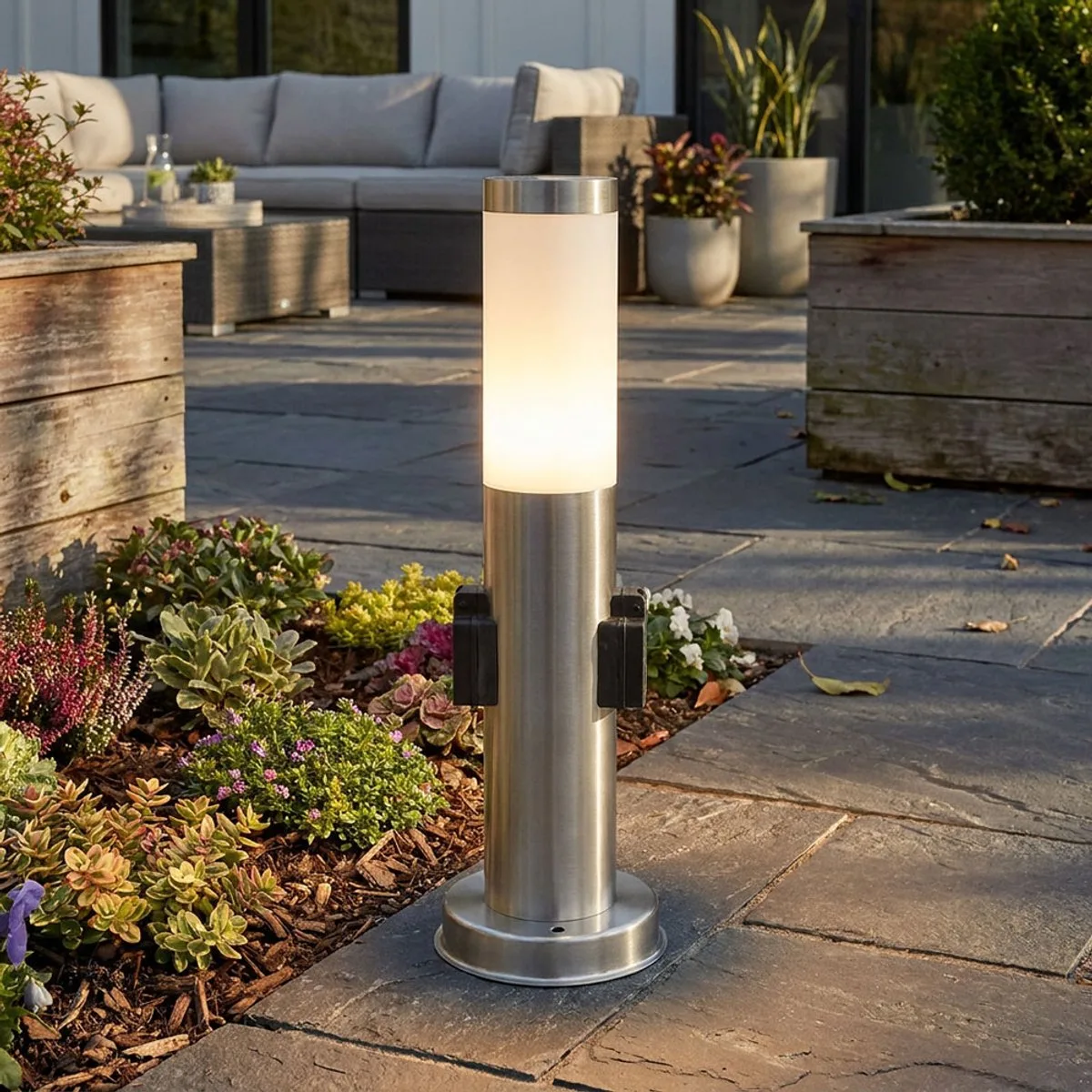 Roestvrijstalen standverlichting tuinterras IP44 verlichting 2x wandcontactdoos Hilight 103112 von Globo in Silber – Produktfoto