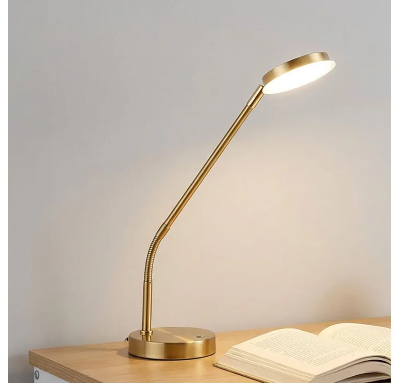 Schreibtischlampe, LED-Leuchtmittel fest verbaut, Farbwechsel, Neutralweiß, Warmweiß, Tischleuchte messingfarben matt mit LED Touchdimmer H 53 cm by Globo – product photo