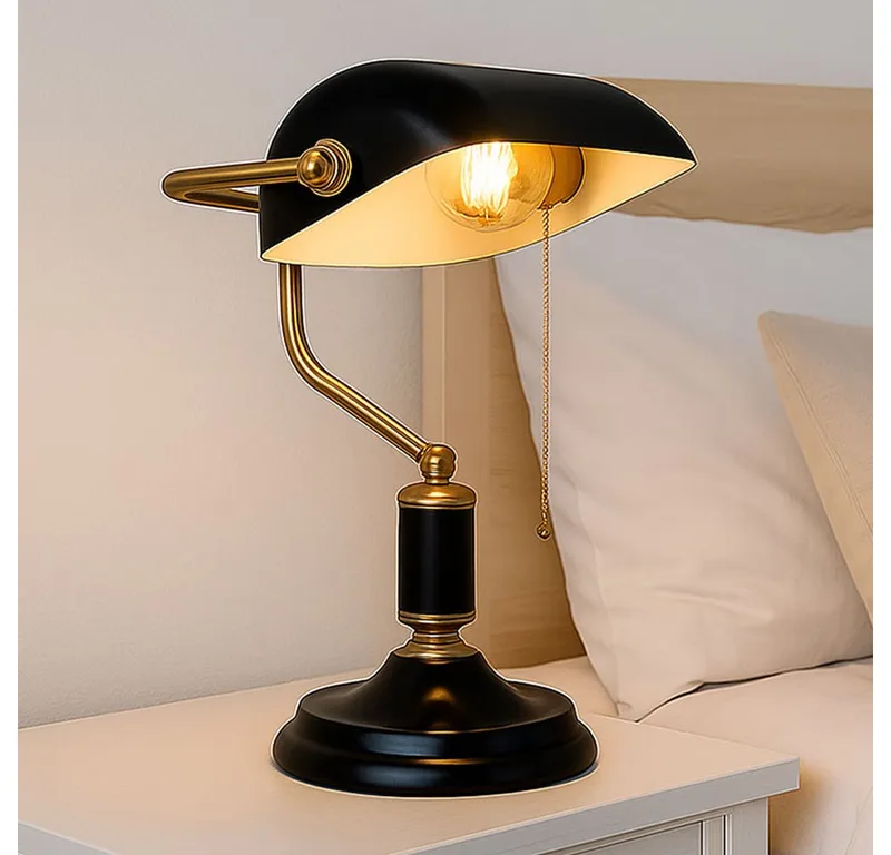 Schreibtischlampe, Leuchtmittel inklusive, Warmweiß, Schreibtischlampe LED Bankerlampe Tischleuchte anthrazit gold H 34 cm von Globo in Schwarz – Produktfoto
