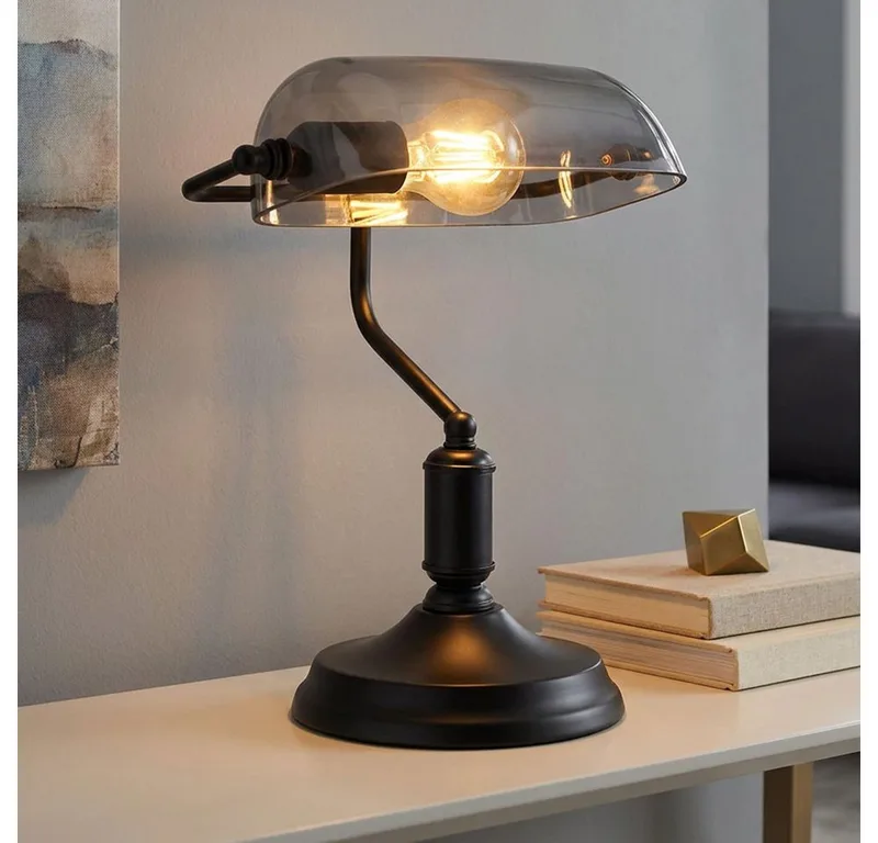 Schreibtischlampe, Leuchtmittel nicht inklusive, Bankerlampe Tischleuchte Büroleuchte Schreibtischlampe Glas Rauch från Globo i Svart – produktbild