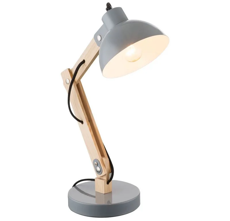 Schreibtischlampe, Leuchtmittel nicht inklusive, Schreib Tisch Lampe Leuchte Holz Metall Kabel 1,5 m Schlaf Zimmer fra Globo i Grå – produktbillede