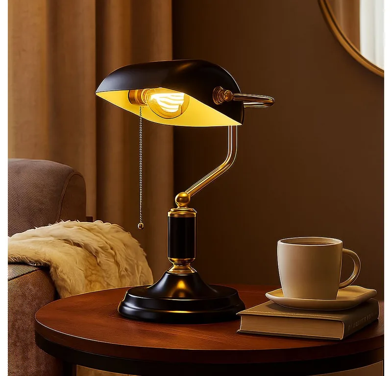 Schreibtischlampe, Leuchtmittel nicht inklusive, Schreibtischlampe Bankerlampe Tischleuchte anthrazit gold H 34 cm från Globo i Svart – produktbild