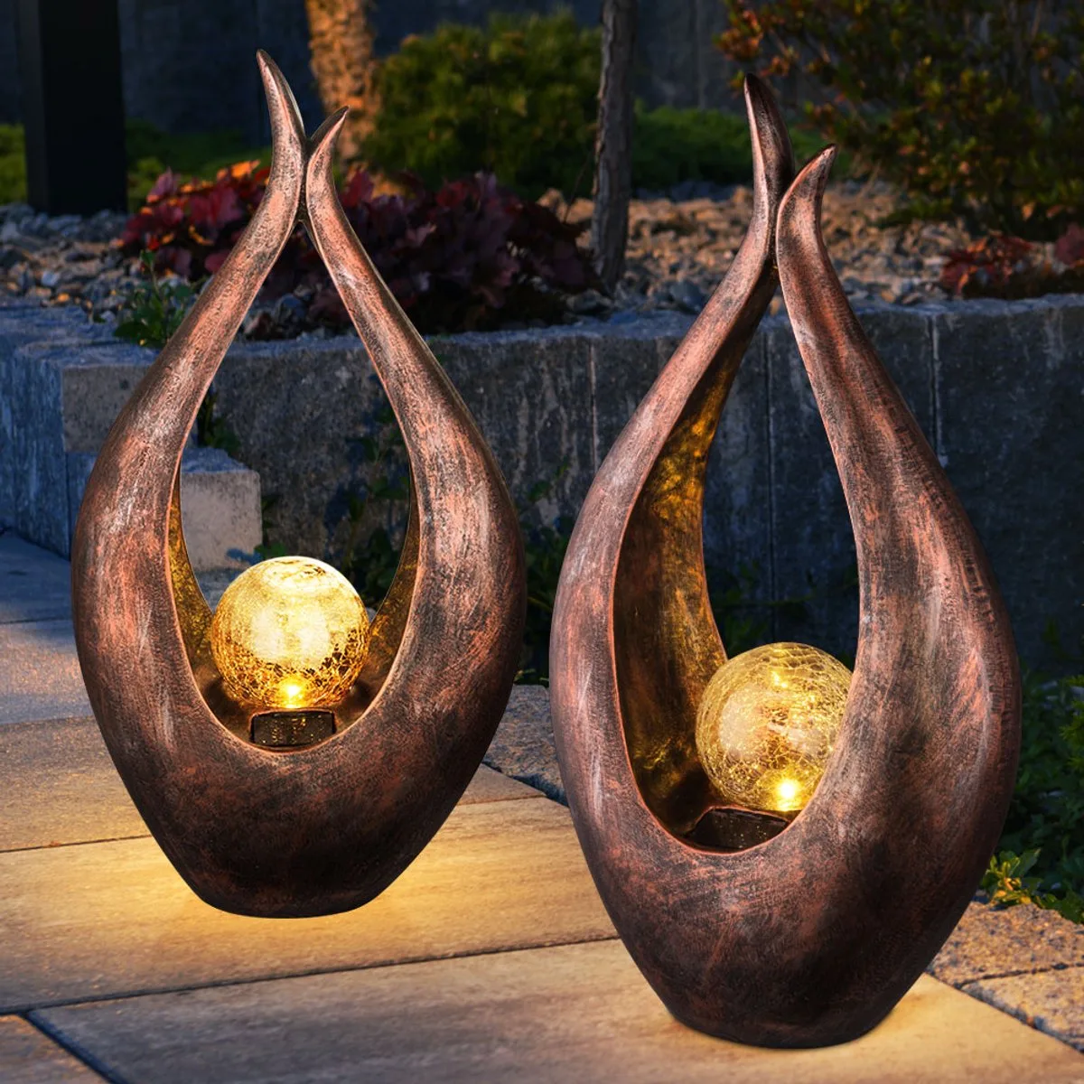 Set van 2 LED outdoor solar vloerlampen glazen bol binnenplaats spot gebogen de Globo en Bronze – photo produit