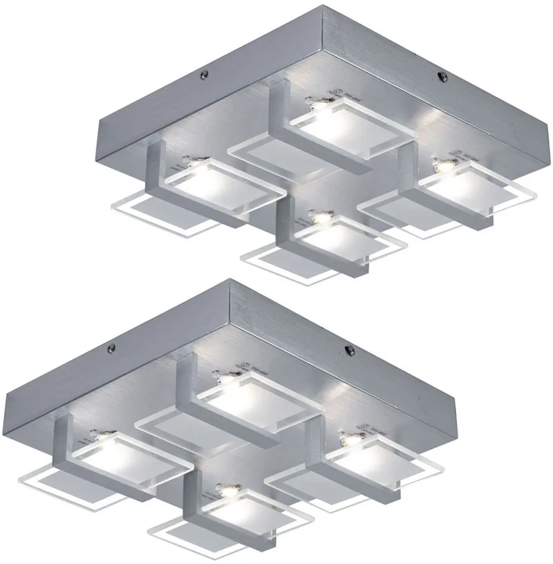 Set van 2 plafondlampen Plafondlamp Woonkamerlamp Slaapkamerlamp, 4 vlammen, helder gesatineerd glas, 4x LED 5W 332 Lm 3200K, LxBxH 26x26x7.8cm de Globo en Argent – photo produit