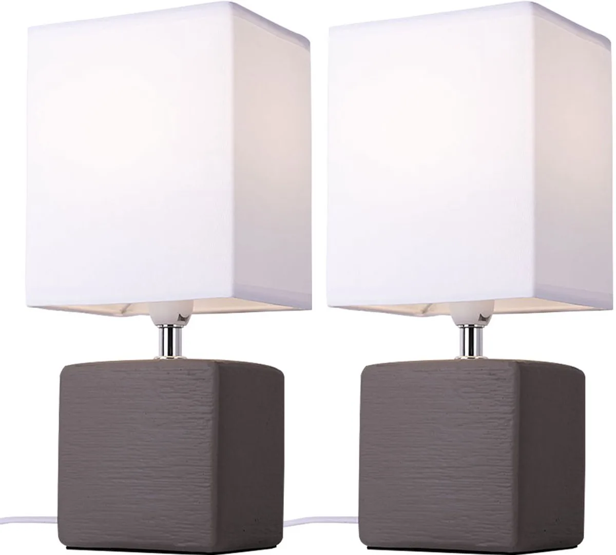 Set van 2 tafellampen keramiek textiel kap wit bedlampjes, 1x E14 LED 4 Watt 320 Lumen, LxBxH 13x11x29cm, woonkamer slaapkamer de Globo en Marron – photo produit