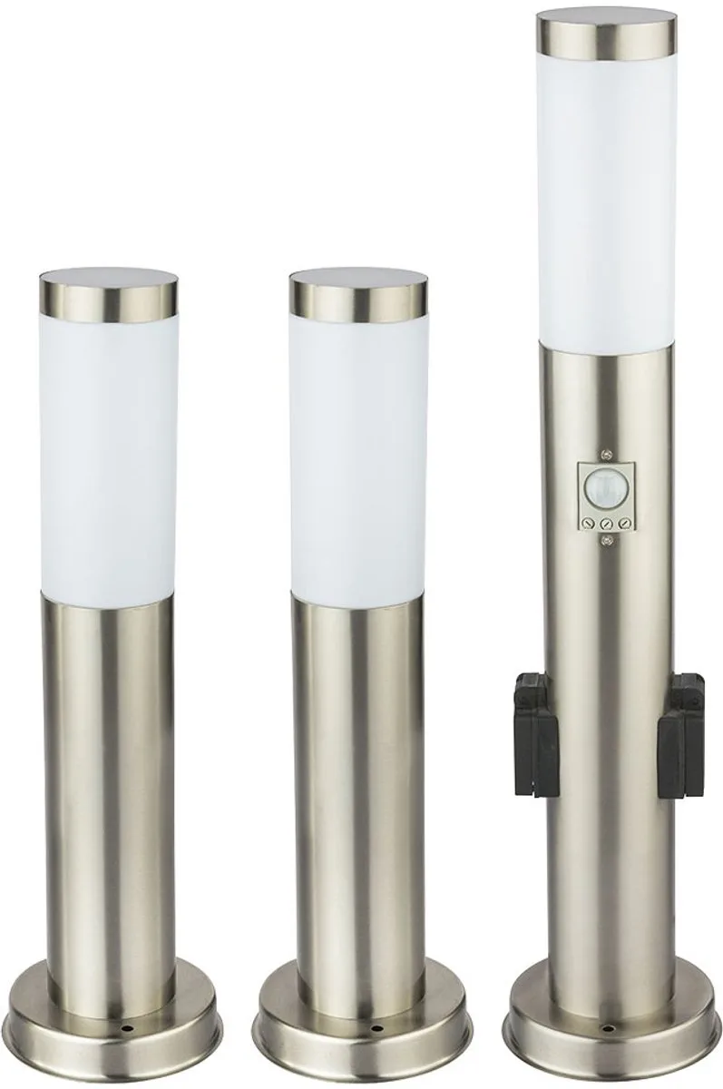Set van 3 buiten staande lampen roestvrij staal bewegingsmelder fitting verlichting tuin patio spots fra Globo i Sølv – produktbillede