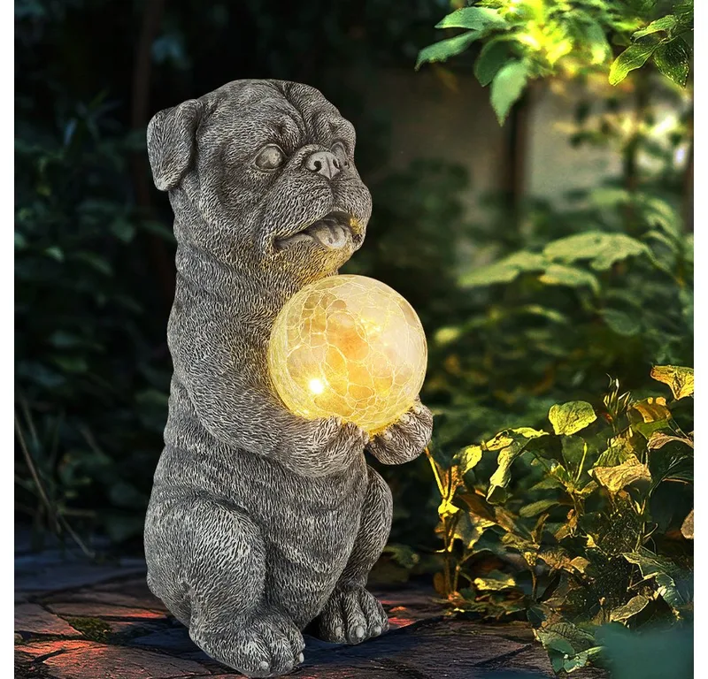 Sockelleuchten, LED-Leuchtmittel fest verbaut, Warmweiß, Solarleuchte Außenlampe Hund Gartendeko Terrassenleuchte klar fra Globo i Grå – produktbillede