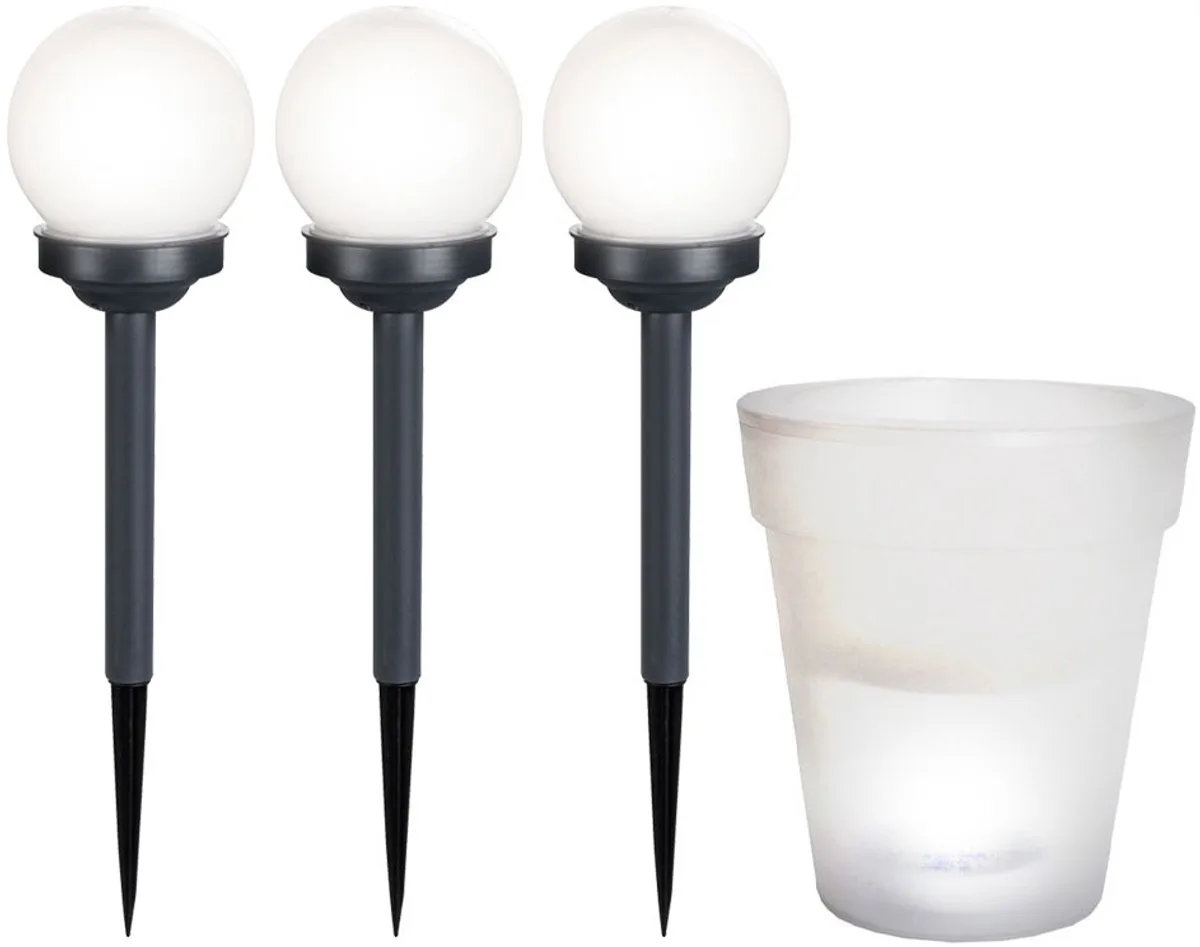 Solar lamp plug-in lamp buiten lichtbol met grondspies bloempot solar, 1x bloempot 3x bol, LED lamp, set van 4 från Globo i Vit – produktbild