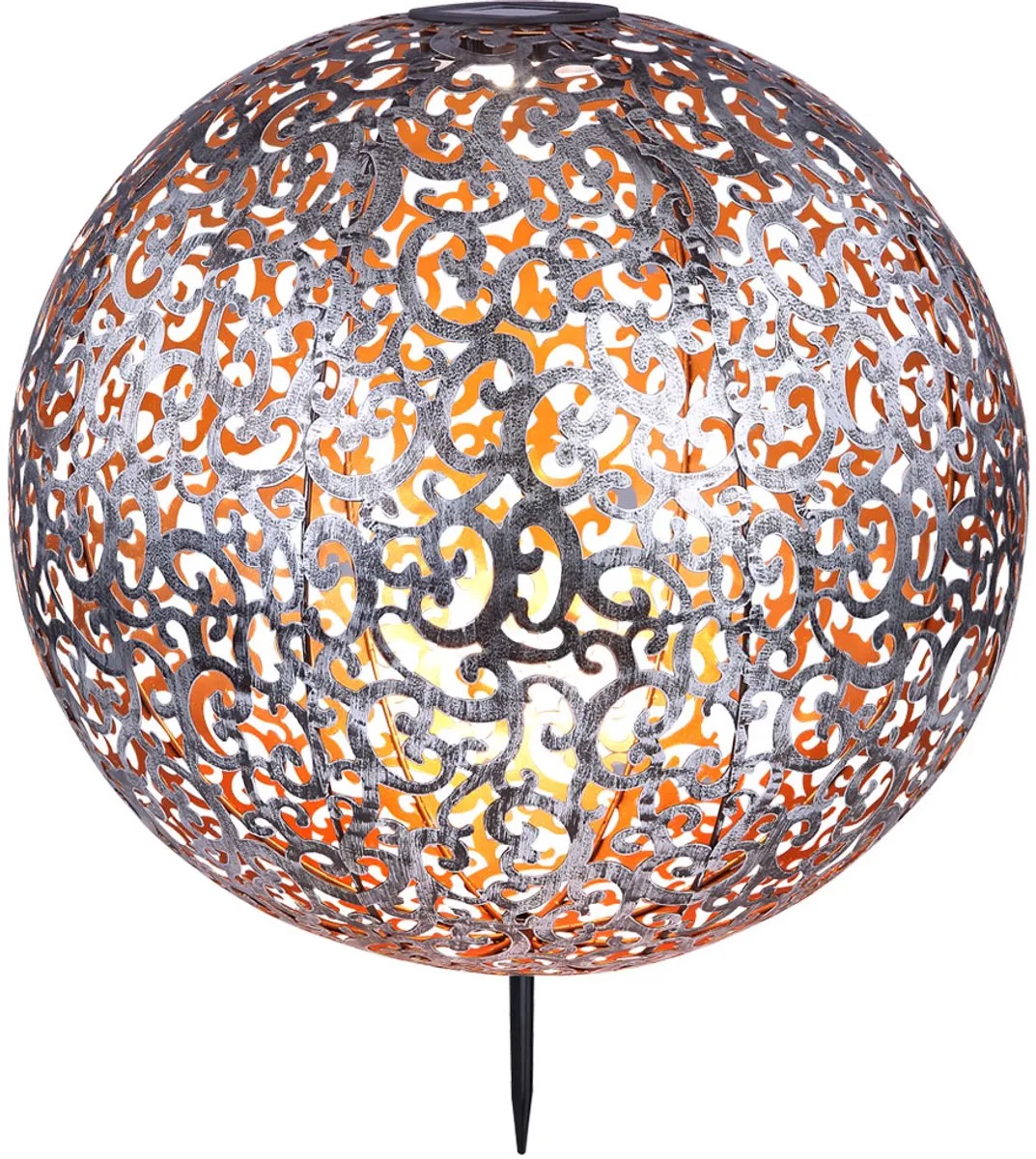 Solar lantaarn Solar tuinbol OostersLED-insteeklamp IP44, grondspies, metalen patroon antiek zilvergrijs, 1x LED 3000K, DxH 40x50 cm de Globo en Argent – photo produit