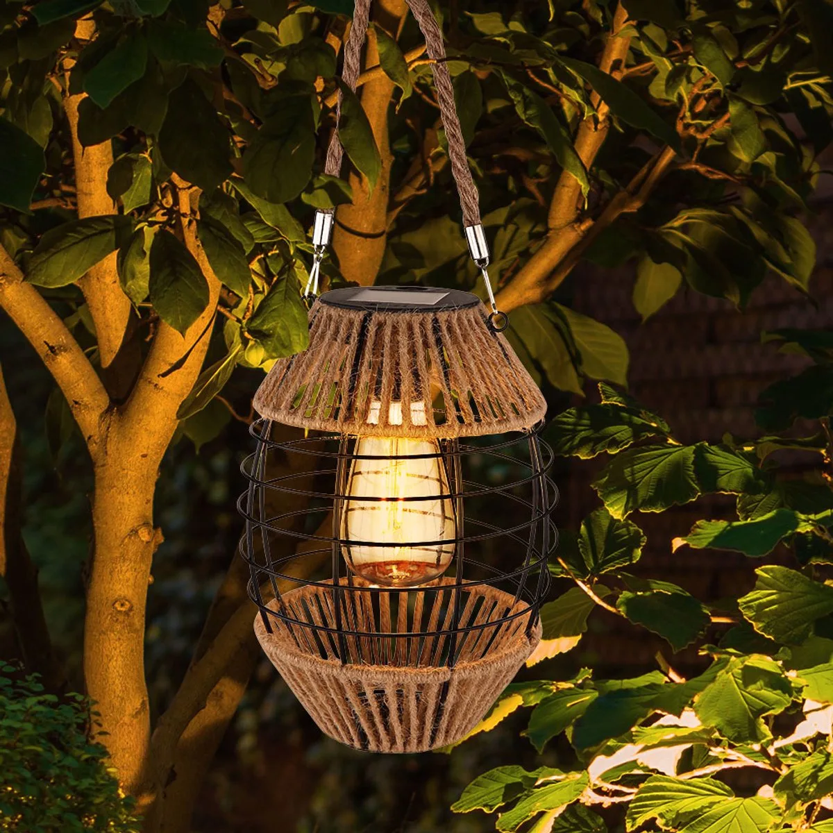 Solar lantaarn voor staande tuindecoratie balkondecoratie solarlampen tuinhennep, om op te hangen of te staan, LED warm wit, DxH 16,5x40,5 cm de Globo en Marron – photo produit