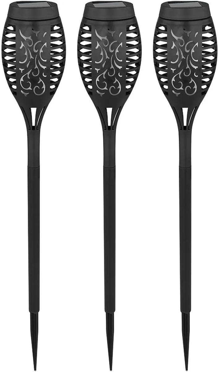 Solar light insteeklamp buiten LED tuindecoratie brandeffect decor gestanste aarde spike, kunststof, DxH 7,5x51 cm, set van 3 van Globo in Zwart – productfoto