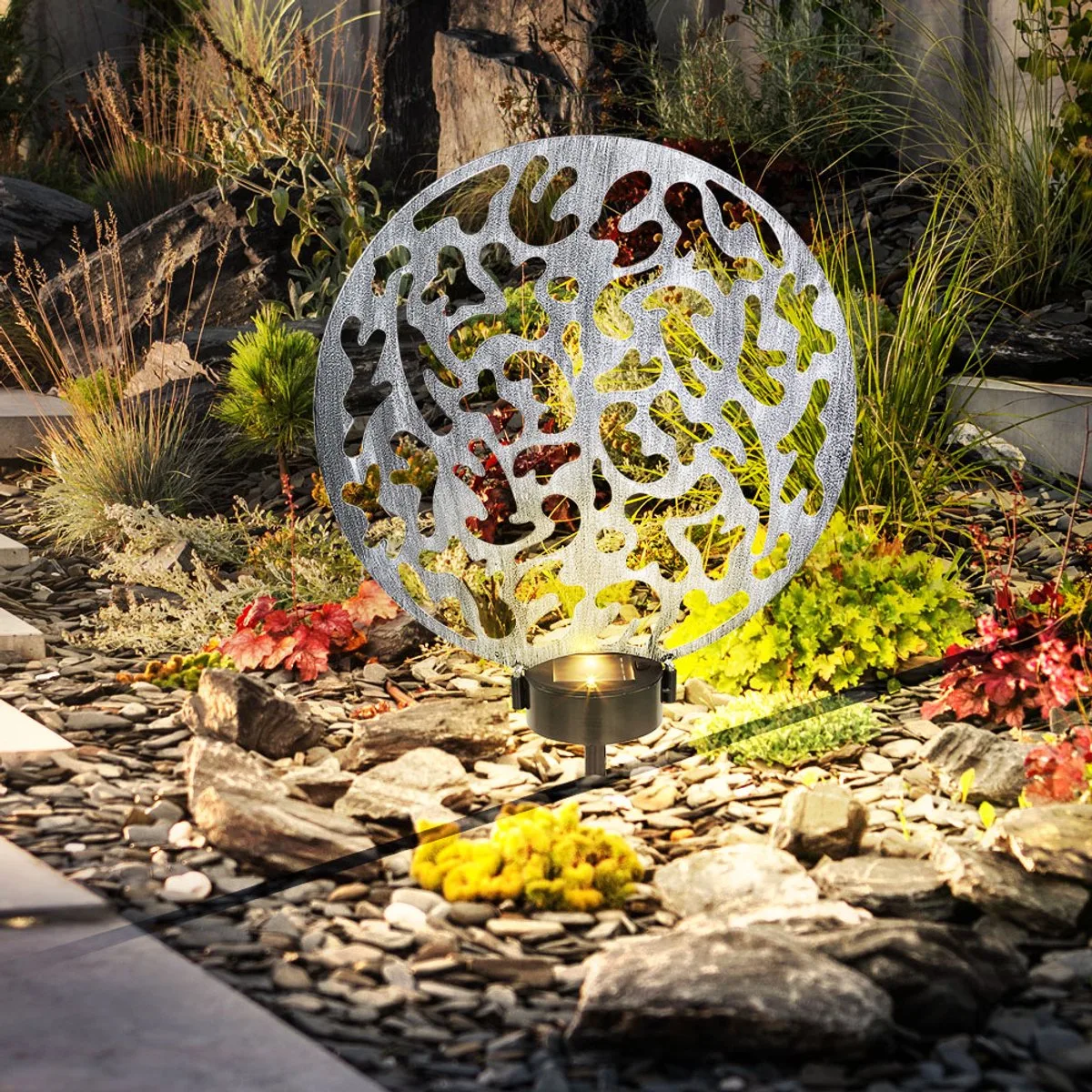 Solar plug-in lamp Solarlamp rond Buitenlamp Tuindecoratie Aardespies, lichteffect, metaal antiek, 2x LED warm wit, LxBxH 30x10x41 cm de Globo en Argent – photo produit