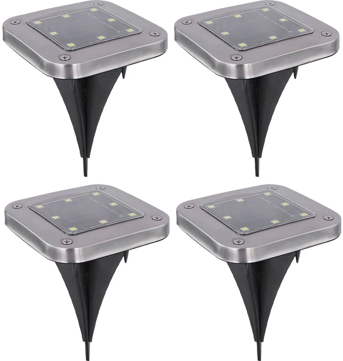 Solarlamp Grondlamp Solarlampen voor buiten Padverlichting Tuinverlichting Solar met grondspies, kunststof roestvrij staal, LED koud wit, LxBxH 10x10x13 cm, set van 4 de Globo en Argent – photo produit