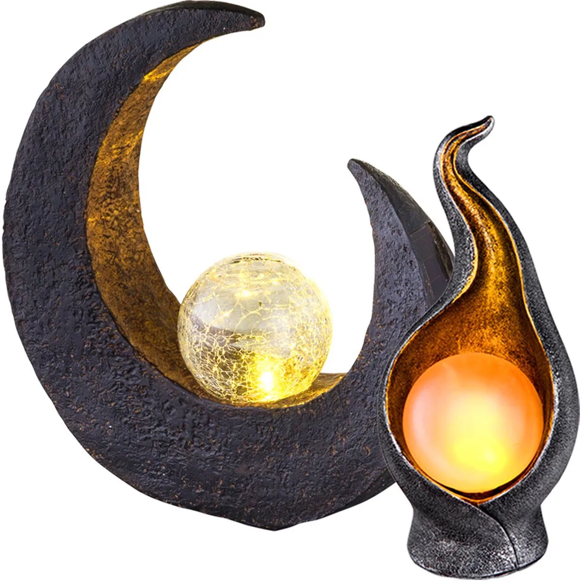 Solarlamp maan bruin-zwart buitenlamp solar sculptuur solarlamp vlam goud zilver, lichtbol, LED lamp, set van 2 de Globo en Noir – photo produit