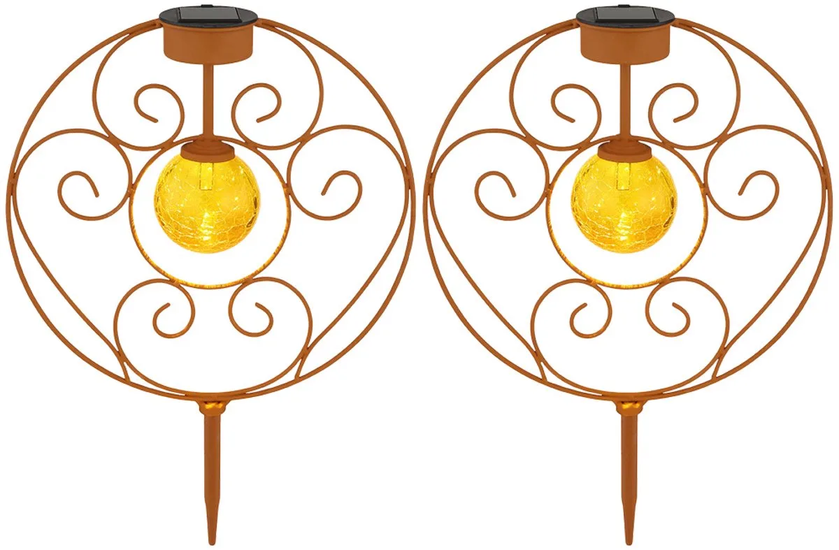 Solarlamp oosterse glazen bol roestkleurige decoratieve lamp tuinlamp grondspies solarlamp metaal voor buiten, 1x LED 0,06W warm wit, LxBxH 30x8,5x41 cm, set van 2 de Globo en Marron – photo produit