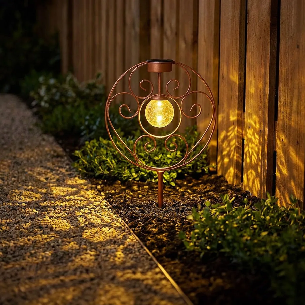 Solarlamp oosterse glazen bol roestkleurige decoratieve lamp tuinlamp aardespike solarlamp metaal voor buiten, metaalglas, 1x LED 0,06W warm wit, LxBxH 30x8,5x41 cm by Globo in Brown – product photo