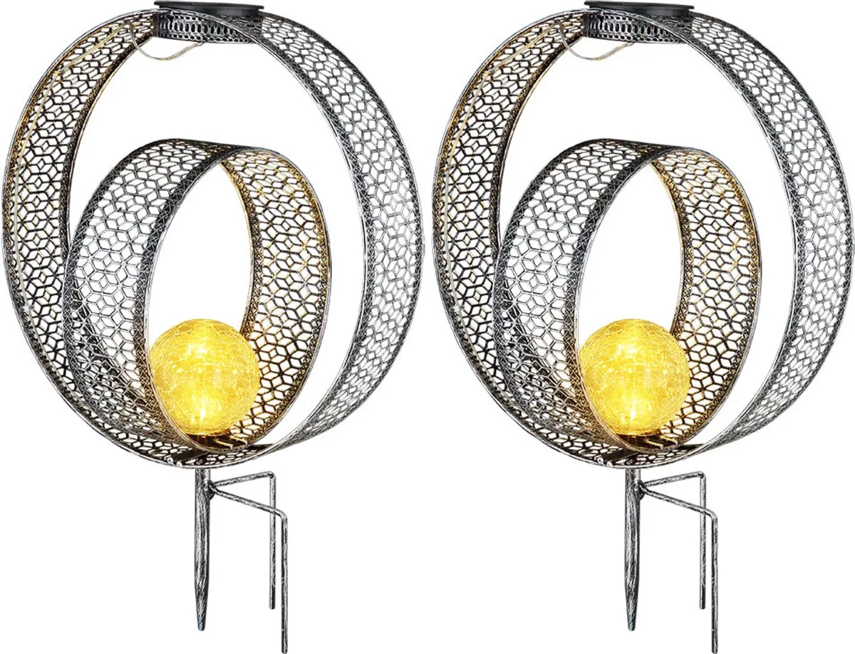 Solarlamp oosterse globe decoratieve lamp tuin solarlamp metaal voor buiten, craquelé glas, grondspies, 1x LED 0.06W warm wit, LxBxH 30x20x42 cm, set van 2 de Globo en Argent – photo produit