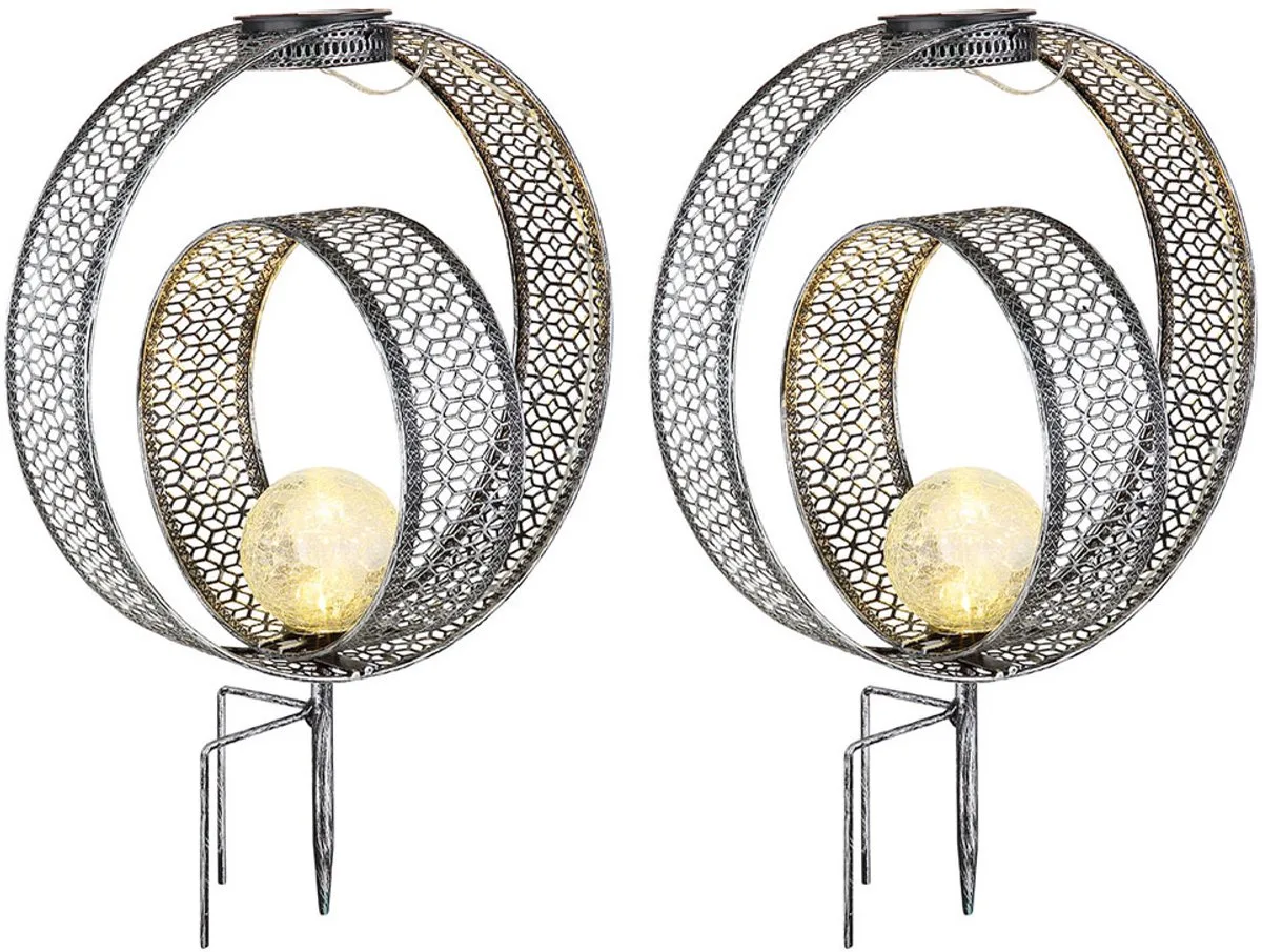 Solarlamp oosterse globe decoratieve lamp tuin solarlamp metaal voor buiten, craquelé glas, grondspies, 1x LED 0.06W warm wit, LxBxH 30x20x42 cm, set van 2 de Globo en Argent – photo produit