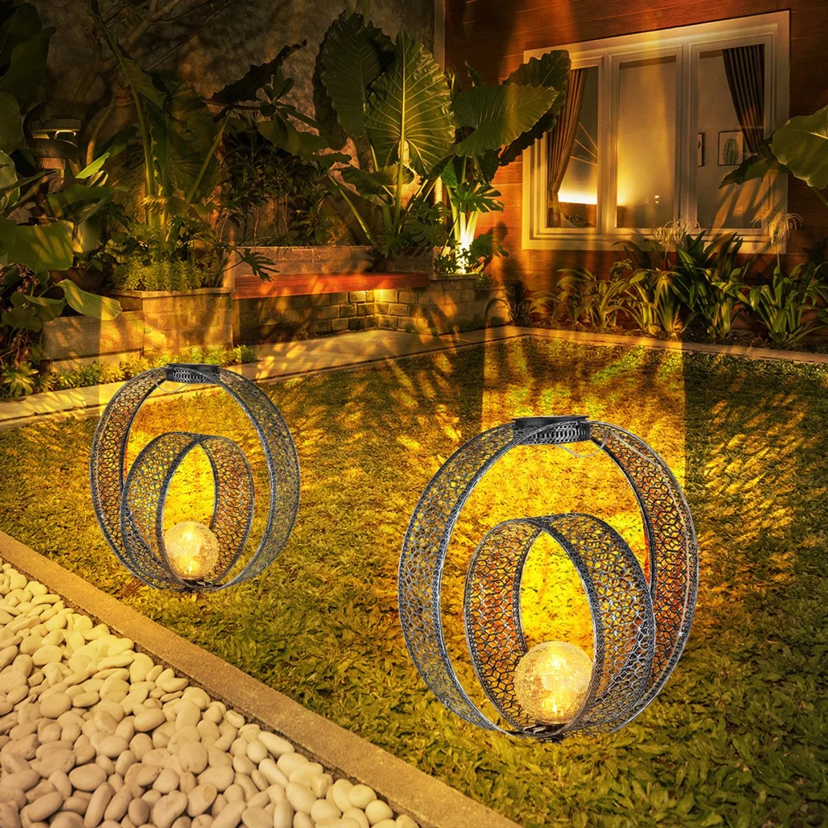 Solarlamp oosterse wereldbol decoratieve tuinlamp op zonne-energie metaal voor buiten, craquelé glas, grondspies, 1x LED 0.06W warm wit, LxBxH 30x20x42 cm van Globo in Zilver – productfoto