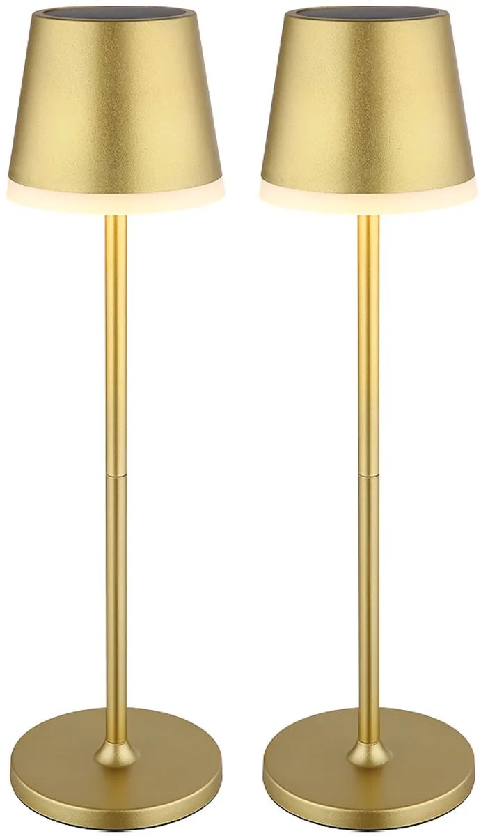 Solarlamp Tafellamp Buitenlamp Tuinlamp Zijlamp, metaal goudkleurig, 2 hoogtes mogelijk, LED 3000K warm wit, H 41 cm, set van 2 de Globo en Or – photo produit