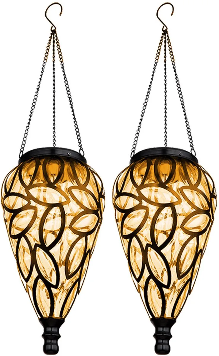 Solarlamp tuindecoratie hanglamp buitenlamp LED solarlamp, in druppel design, metaal, doorzichtig plastic, 16x LED, DxH 13,5x 50 cm, set van 2 by Globo in Black – product photo