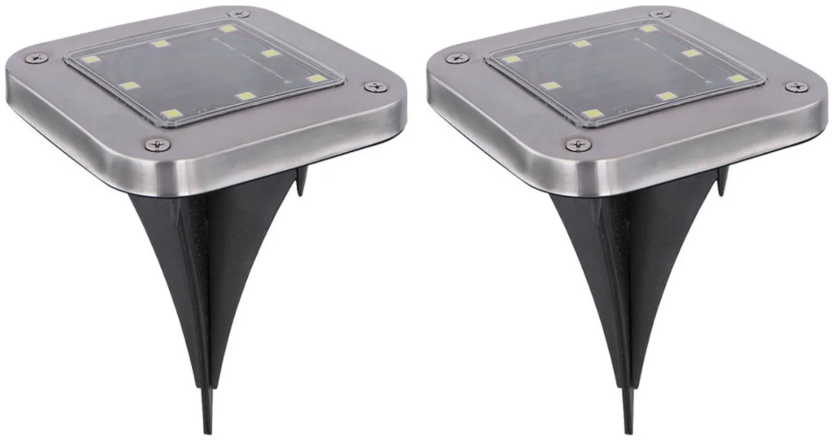 Solarlamp tuindecoratie solarlampen voor buiten Vloerlamp tuinverlichting met grondspies, kunststof roestvrij staal, LED koud wit, LxBxH 10x10x13 cm, set van 2 de Globo en Noir – photo produit